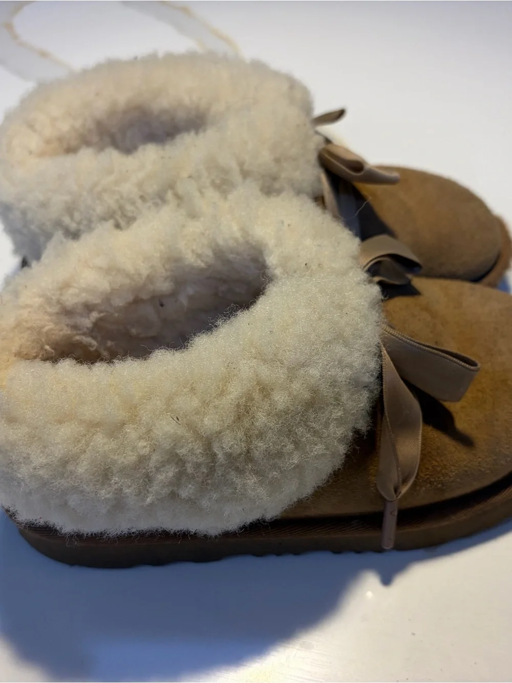 UGG Cream and Brown Shearling Slip-On with Label Detail